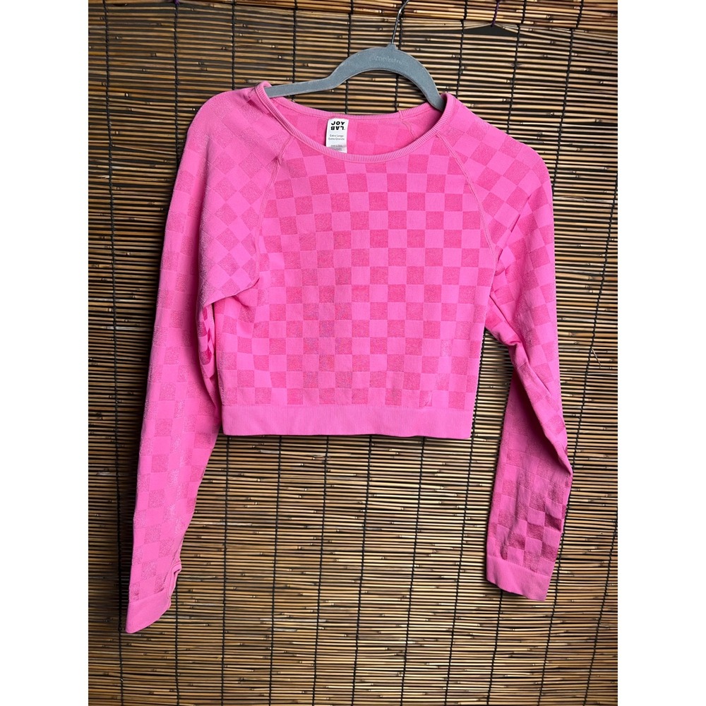 JoyLab Pink Checkered Cropped Long Sleeve Seamless Workout Top Thumbholes XL